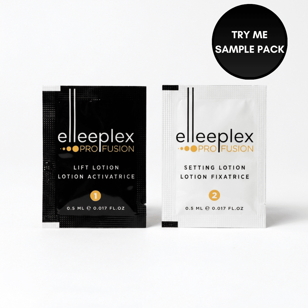 Elleeplex Profusion Lash & Brow Lamination Trial Sample Pack containing 2 Step 1 and 2 Step 2 cysteamine-based lash lift and brow lamination sachets.