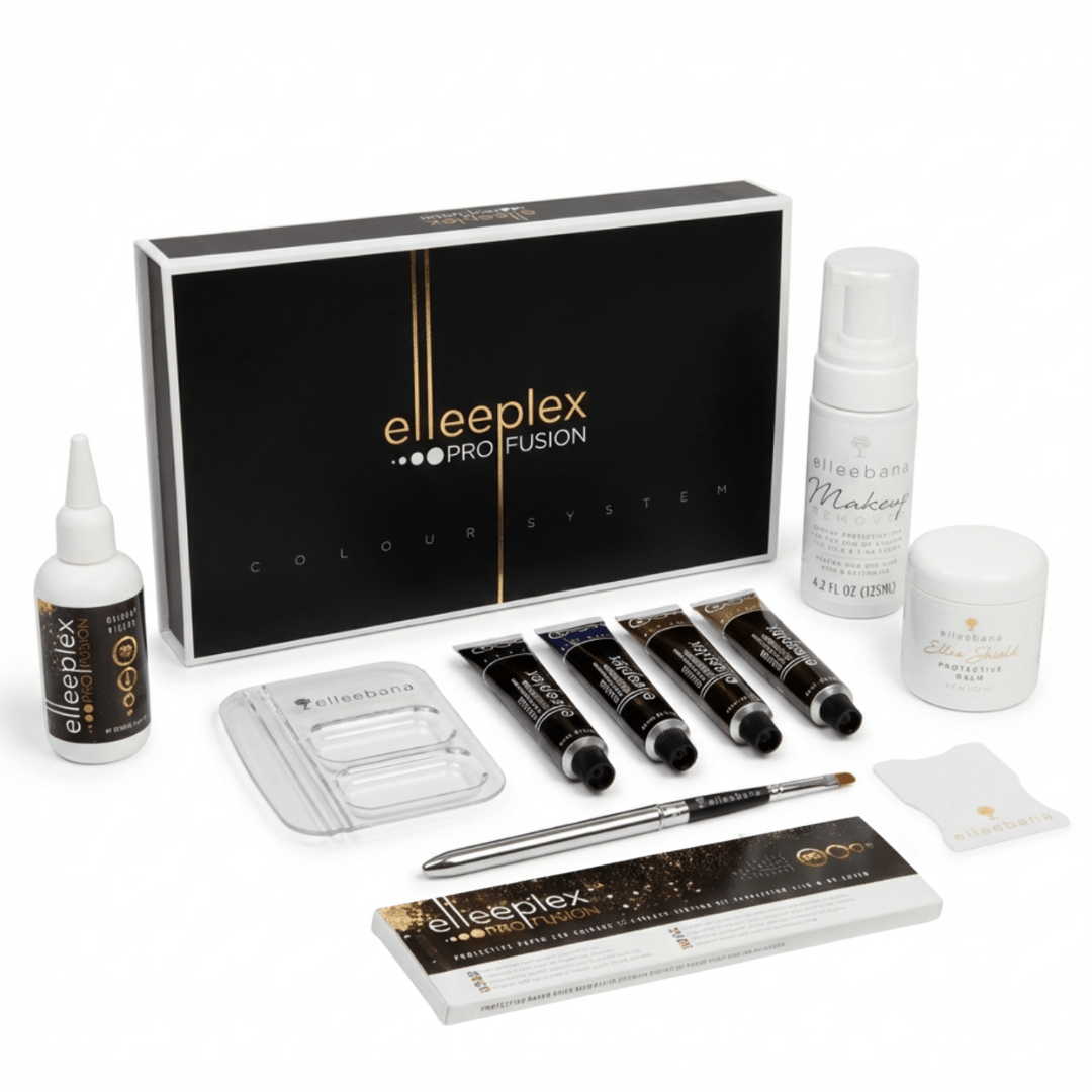 Four tubes of Elleeplex Profusion Lash & Brow Tint Kit in Black, Blue Black, Deep Brown, and Light Brown.