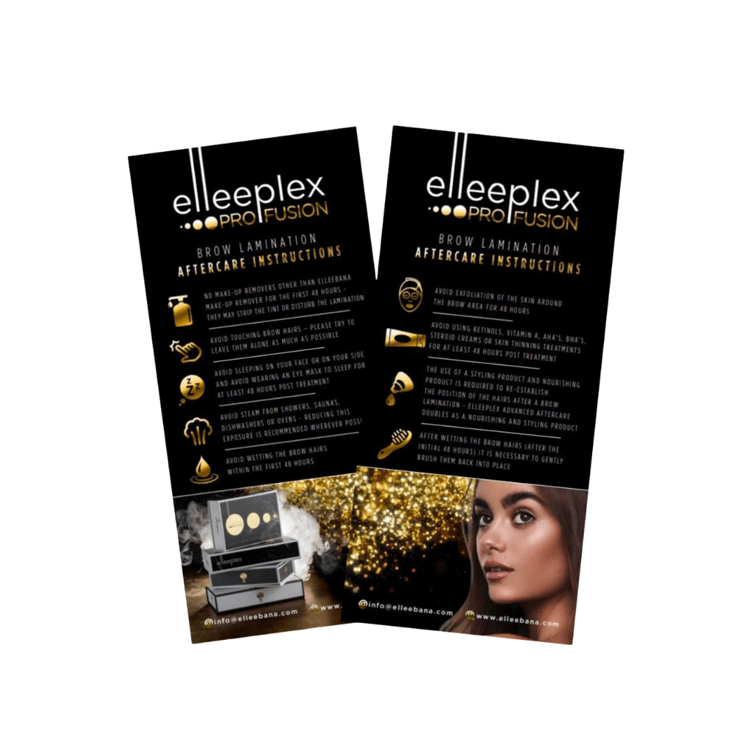 Pack of 50 printed Elleeplex Profusion aftercare instruction leaflets for lash lift and brow lamination clients.