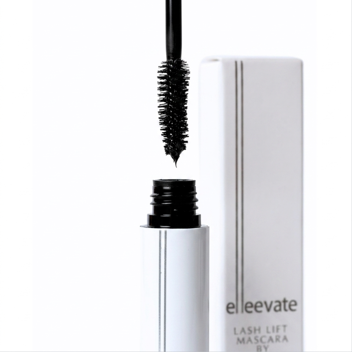 Elleevate Lash Lift Mascara 10ml tube with wand, formulated with Keratin, Biotin, and Arginine for post-lift lashes.