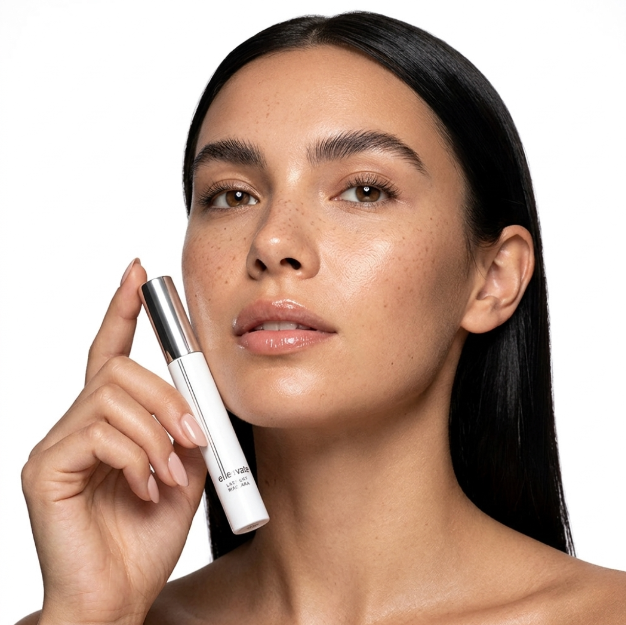 Close-up of Elleeplex Serum and Elleevate Mascara positioned in the branded Elleebana retail display base.