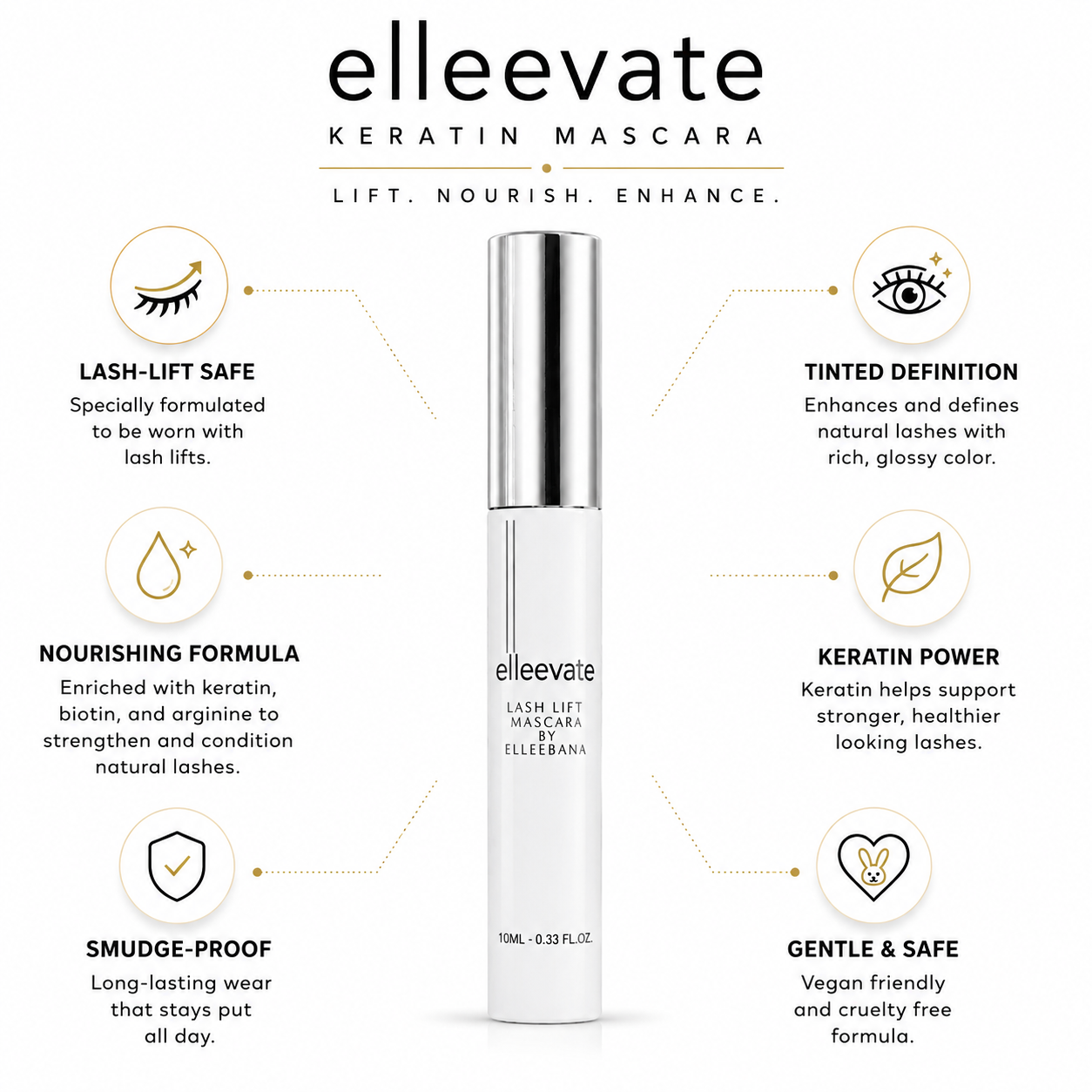 Close-up of Elleevate Mascara positioned in the branded Elleebana retail display base for lash lift aftercare