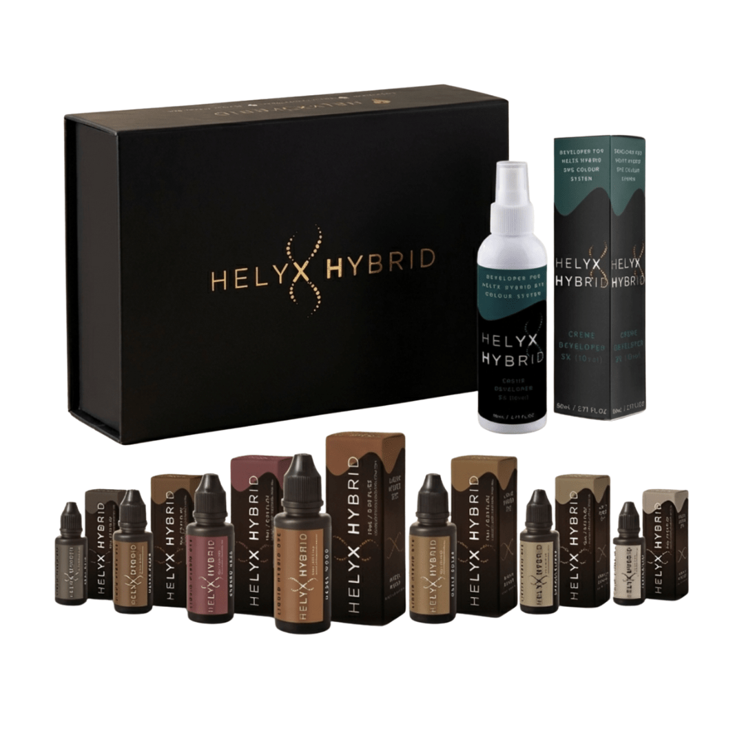 Complete Helyx Hybrid Brow Kit featuring seven vibrant hybrid dye shades and the Helyx Cream Developer for professional salons.