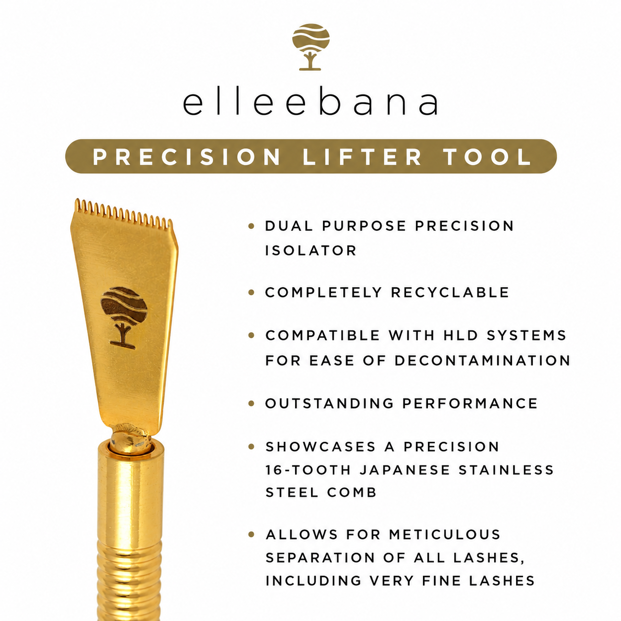 Lash artist using the sharp isolation tip of the Elleebana Gold Precision Lifter Tool to separate individual eyelashes during a lash lift.