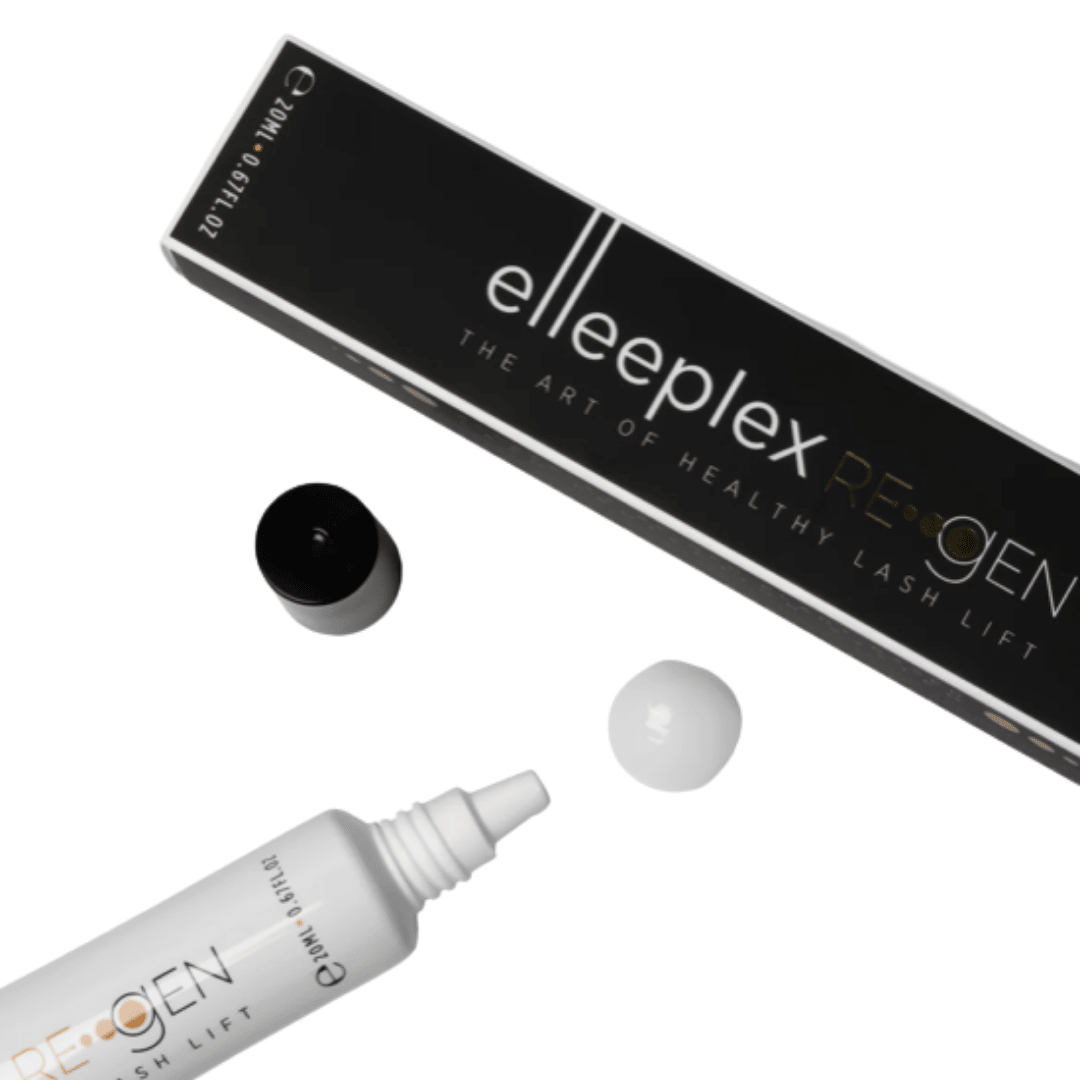 Lash artist mixing Elleeplex ReGEN 2.0 elixir into a lash tint and developer mixture to strengthen hair during tinting.
