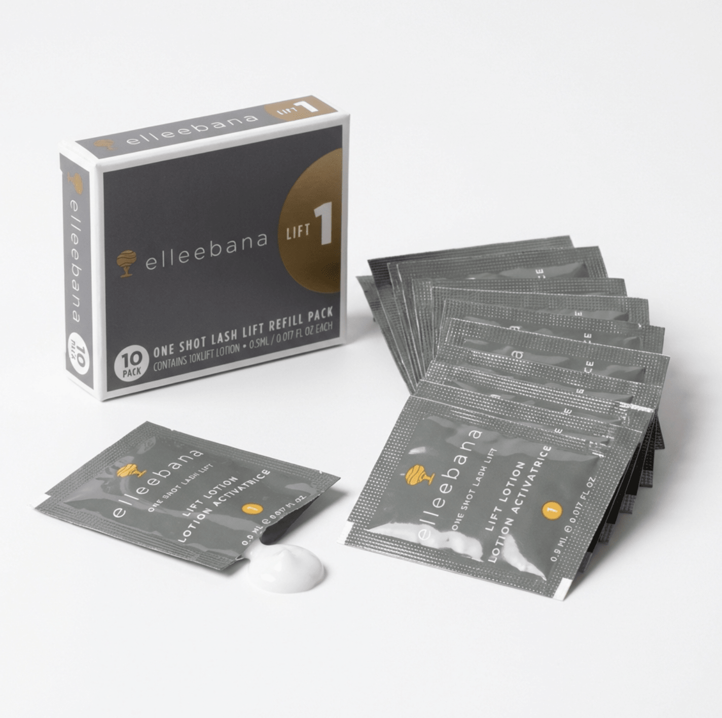 Close-up view of an individual Elleebana One Shot Lash Lift Step 1 lifting lotion sachet designed to reshape natural lash bonds.