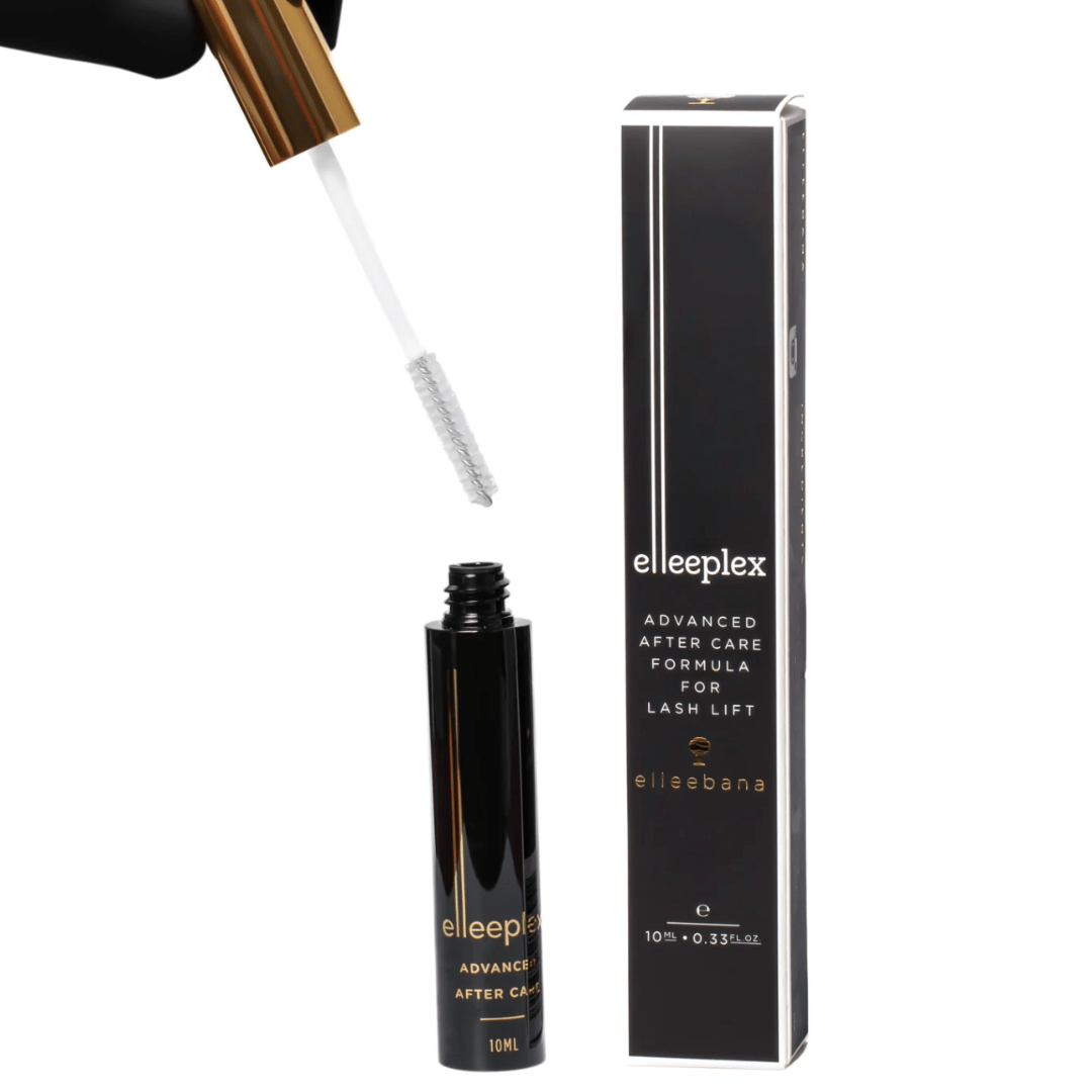Clear gel tube and spoolie applicator of Elleeplex Advanced Aftercare for lash lift and brow lamination maintenance.